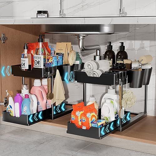 Yexati Organizador de Cocina de 2 Niveles para Debajo del Fregadero, Organizador de Armario Extensible con 8ganchos, 4tazas, Organizador de Productos de Limpieza, Estante para Especias, Estante de