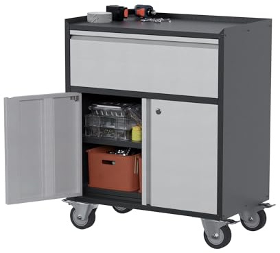 Waqiv Locking Garage Metal Storage Cabinet on Wheels with 2 Door and 1 Drawer, Rolling Tool Cabinets for Garage, Warehouse, Utility Room, Black/Gray, Assembly Required