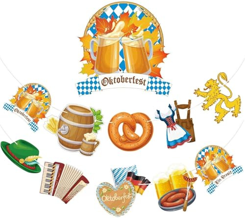 AhfuLife Oktoberfest Girlande Banner Deko, Oktoberfest Party Deko Papier Wimpelkette, 2 Stück Bayerische Deko Blau mit Weiße Girlande zum Aufhängen für Outdoor Bierzelten Garten