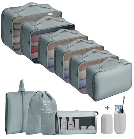 Jsdoin Koffer Organizer Set 11-Teilig Kofferorganizer Reisetasche travel Organizer Wasserdichte Packtaschen Rucksack Packing Cubes Kleidertaschen für Kleidung Unterwäsche Kosmetik (Grau)