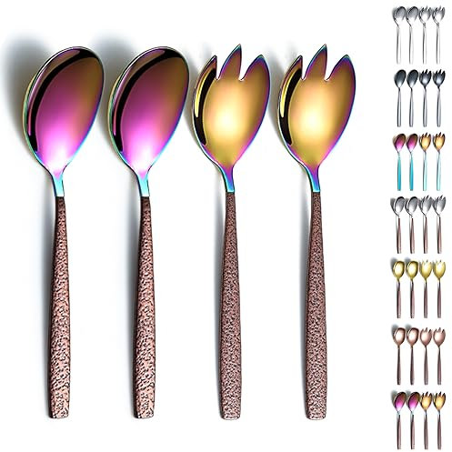 Evanda Salatbesteck, Edelstahl Salatbesteck brauner Griff und glänzender bunter Kopf, Salatlöffel, Salatbesteck, Salatgabel, 4er Pack