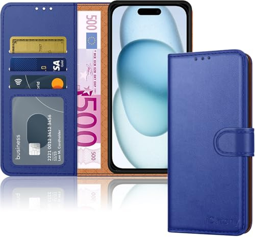 iCatchy for iPhone 15 Case 6.1 Inch, PU Leather Wallet Flip Case with Card Slots, RFID Blocking, Magnetic Closure, Stand, Full Body Protective Folio Cover (Blue)