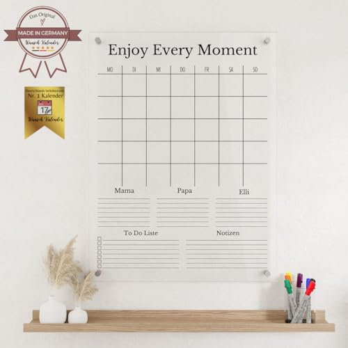 Wunsch Kalender - personalisierter Wandkalender - Hochkant 3-Namen Familienplaner - wiederverwendbarer Kalender aus Acrylglas - Familienplaner abwischbar - Hingucker für jeden Raum