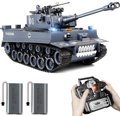RC Panzer 1/18 Deutscher Tiger I, 2.4GHz Panzer Ferngesteuert, WW2 Modell, Kampfpanzer mit Rauch, Spielzeug mit Licht und Sound, Militärspielzeug für Erwachsene und Kinder