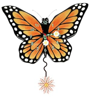 Enesco Allen Designs Spread Your Wings Monarch Butterfly Battery-Operated Sculpted Pendulum Wall Clock, 8.66 Inch, Multicolor