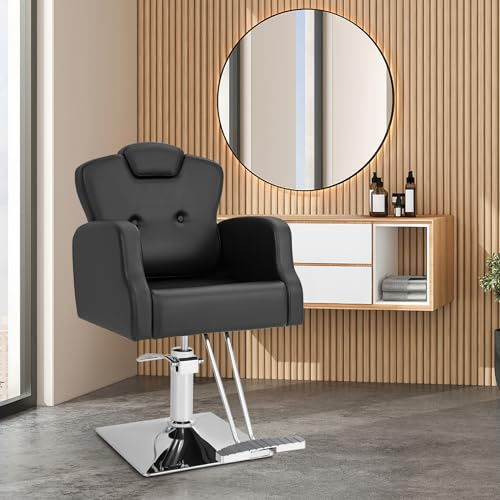 RELAX4LIFE Poltrona Parrucchiere Professionale, Sedia Barber 360° in Pelle PVC con Braccioli e Poggiapiedi, Poggiatesta e Altezza Regolabile, per Salone, Max 150KG (Nero, 89,5x64x(99-114) cm)