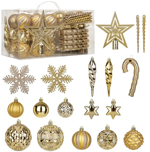 80 PCS Christmas Baubles Set Glitter Shatterproof Bauble Ornaments with Star Tree Topper, Snowflakes, Candy Canes and Hanging Balls for Christmas Tree Decorations Xmas Wreath Garland, Champagne Gold