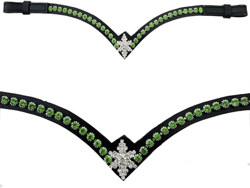 Leone Equipment Stirnriemen Pferd Glitzer in Geschenkbox (X-Full/X-Warmblut, Grüne Steine/Schwarz Leder)