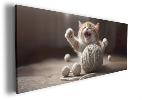 Wallario XXL Leinwandbild Katze mit Wollknäuel - Wandbild 60 x 150 cm Brillante lichtechte Farben, hochauflösend, verzugsfrei, Kunstdruck