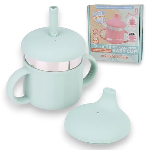 Teeny Weany Stainless Steel Baby Sippy Cups for Infants, Toddlers, and Kids | 3 Stages Training Baby Straw Cup | Odor-Resistant | Includes Straw Lid, Sippy Lid, and Silicone Case with Handles | Sage