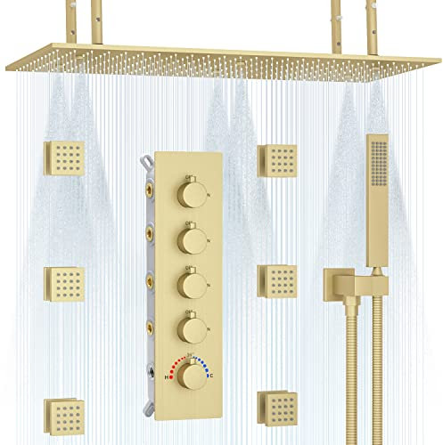 Luxuriöses Duschsystem aus gebürstetem Gold, groß, 50,8 x 101,6 cm, Thermostat-Regennebeldusche mit Körpersprays, verdecktes Duschmischer-Set