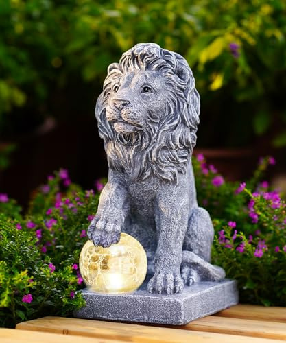 Nacome Statue de jardin lion gardien solaire : sculpture de décoration extérieure aspect grès naturel ornement extérieur cour art porche patio – Choix d'anniversaire unique pour femme, maman amoureuse