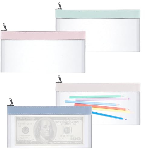 Geldtaschen mit Reißverschluss, 4 Stück, transparente Geldumschläge, Münzbörse, 210 x 105 mm, Geldtaschen für Bargeld, wasserdichte Geldumschläge für Scheck, Geldbörse, Quittungen, Organizer,