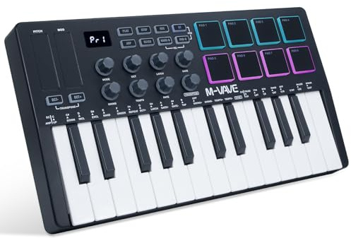 M-VAVE 25 Tasten 8 Backlit Drum Pads MIDI Keyboard - Professioneller Beat Maker und Keytar für Keyboard Musikproduktion Builtin Battery Wireless Connect Schwarz