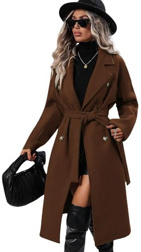utcoco Womens Long Wool Pea Coat Notched Lapel Double Breasted Trench Coat Winter Warm Overcoat with Belt, Brown, Large