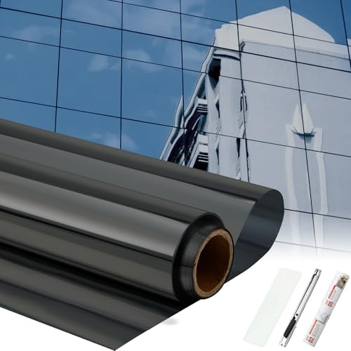 Pushglossy 36 Inch x 50 ft One Way Window Film Privacy Daytime Reflective Mirror Window Tint Sun Blocking Thermal Insulated Film Heat Control Static Cling Tint Anti UV Home Office (Black Silver)