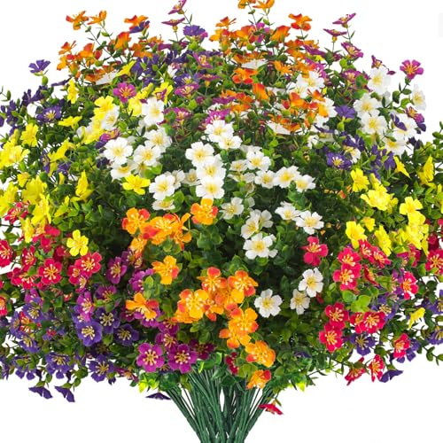 Grunyia Outdoor Artificial Flowers UV Resistant & Fade Proof, 12 Pack Realistic Fake Flowers for Garden, Patio, Lawn Decor - Weatherproof Plastic Plants(Mix)
