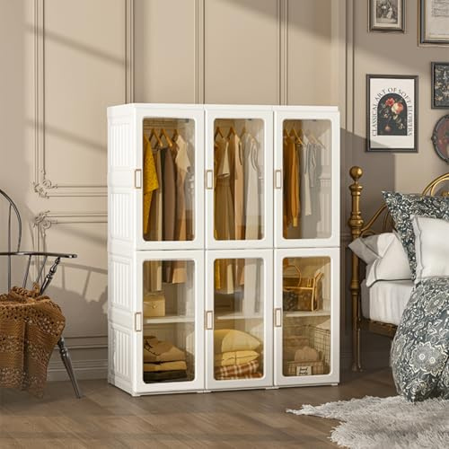MAYIBOX Zusammenklappbarer Kleiderschrank,104x136x50cm, schnelle Montage, vielseitiger Schrank mit Kleiderstange und Magnettüren, perfekt für Schlafzimmer und Wohnzimmer,Braune transparente Türplatte