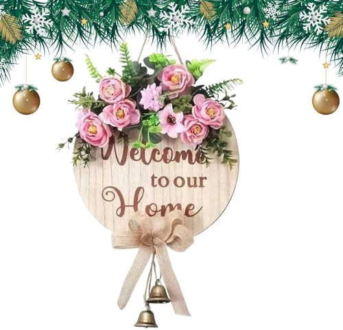 Cartel Welcome a casa nuestra - Guirnalda rústica con flores para puerta de entrada de 30 cm | Porche primaveral y frontón de pared, decoración para puertas interiores y exteriores de San