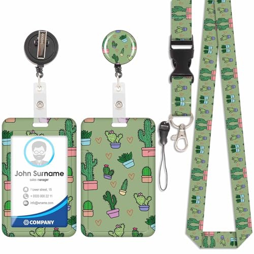 Cartoon Kaktus-Kartenhalter, ID-Badge, abnehmbares Schlüsselband mit einziehbarem Clip für Schlüsselbund, Visitenkarten, Türkarten, ID-Karten