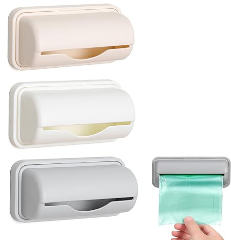 JINJUMEI 3 stycken väskdispenser generisk, väggmonterad soppåse dispenser, sopsäckshållare organisationssystem kök, påse dispenser soppåse arrangör för kök toalett (vit + grå + aprikos)