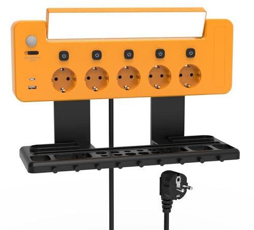 PRINCEWAY Mehrfachsteckdose Wandmontage mit LED Arbeitsleuchte und Werkzeug Organizer, 5er Type F Steckdosen mit Schalter, USB und Typ C Ladeanschlüsse, Kaltweiß Beleuchtung mit Sensorschalter