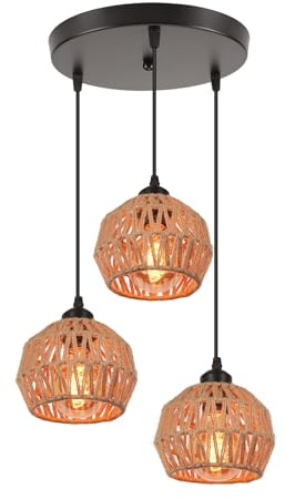 LIGKIN 3-Light Industrial Pendelleuchte Vintage Kronleuchter Metall Hanf Seil Hängeleuchte E27 Retro Deckenleuchte für Esszimmer Wohnzimmer Schlafzimmer
