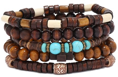 EGOINA Holzperlen Armband 8mm Multi-Layered Stretch Armband für Herren und Damen elastische 5pcs