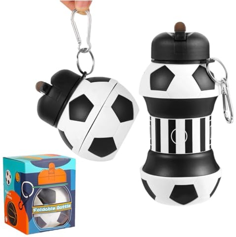 Generico Borraccia bambini, Regali Pasqua bambini,Borraccia 500 ml,Regalo calcio,Gadget ragazzo,Idee regalo ragazzo,Oggetti calcio,Borraccia silicone resistente ecologica pieghevole(bianco e nero)