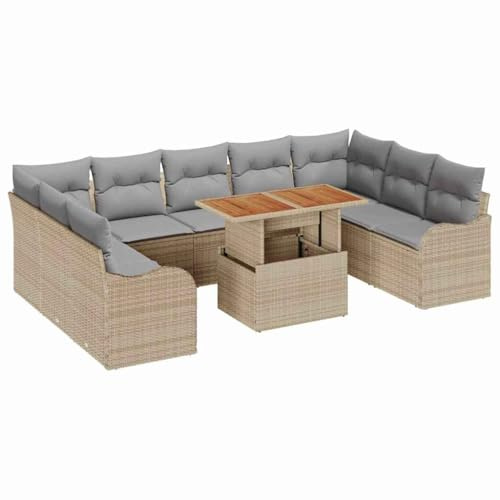 vidaXL 10-delars trädgårdsoff set med väderbeständiga kuddar i beige och grått - modulärt utemöblemang för patios och balkonger. 4-sits soffa för patio vardagsrum i rotting.