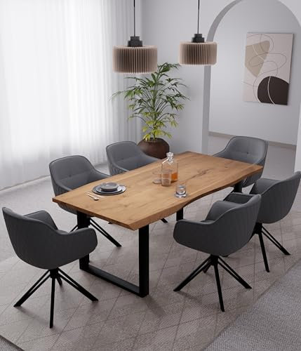 Linele® Essgruppe – Baumkantentisch mit 6 Stühlen – Massivholz Esstisch aus Akazienholz mit U-Gestell – 360° drehbare Stühle mit Samtbezug, PVC-frei & Oeko-TEX® Zertifiziert (Grau, 180 x 90 cm)
