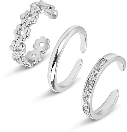 RUGBOL Anillos para el dedo del pie de 3 piezas, anillos ajustables para mujer, accesorios de joyería para la cola, anillos para playa, verano y pie (plata)