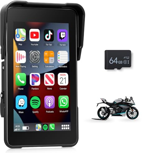 Motorcycle Carplay Screen 5 Inch GPS Navigation System with Wireless Carplay and Android Auto IP68 Waterproof Portable Screen Plug and Play with Bluetooth Navigation Software Upgrade Brightness Adjust