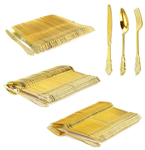 DIYJEP 180Pcs Vintage Gold Plastic Cutlery Set, 60 Knives Forks Spoons