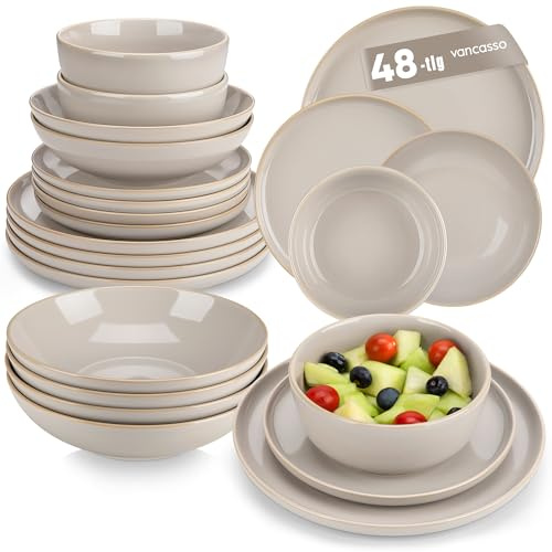 Geschirrset 12 Personen, vancasso PLAYA 48tlg Tafelservice 12 Personen Modern, Steingut Geschirrset, Beinhaltet Schüssel, Suppenteller, Dessertteller und Speiseteller, Spülmaschinenfest, Softes Beige
