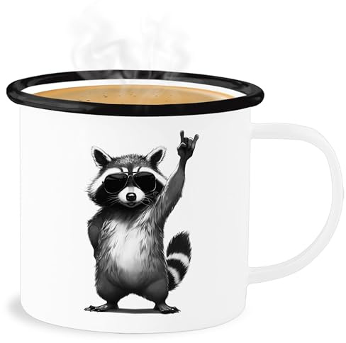 Emaille Becher Blechbecher - Tassen - Retro Waschbär Rocker lustig I Lustiges Rock Musik Geschenk Waschbären I Funny Rock Star Raccoon Geschenk Metal Racoon - 300 ml - Weiß Schwarz - tasse mit