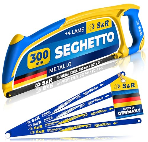 S&R Metallsäge Bügelsäge Set 300mm, 5-TLG mit 4 Hochleistungs-Sägeblättern MADE IN GERMANY, Handsäge Metall Eisensäge, Molybdän Bi-Metall 18/24 TPI