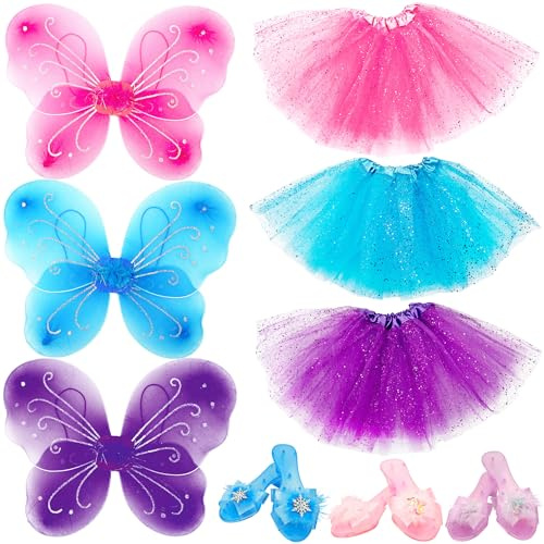 Flahard 9 Pcs Butterfly Fairy Costume for Girls Kids Including Butterfly Wings Tutu Skirt Shoes Princess Dress Up Costumes Set for Wedding, 3 Colors