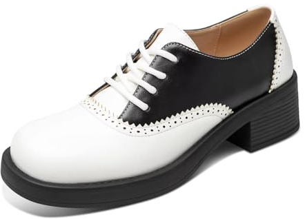 Women's Two-Tone Oxford Shoes, Lace-Up Brogue Dress Shoes with Chunky Heel, Comfortable Round Toe Casual & Office Oxfords for Women Black/White