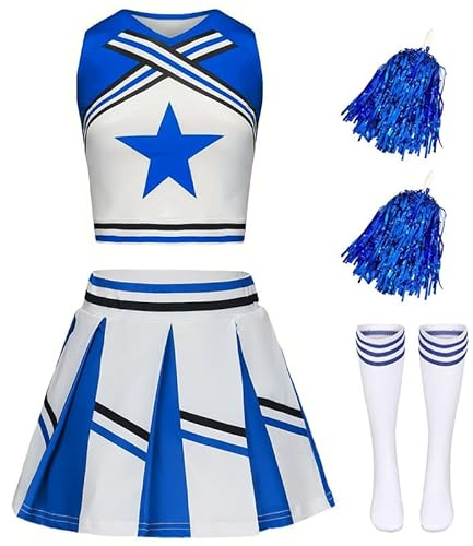 XFOZDM Cheerleader Kostüm Kinder Cheerleader Kostüm Mädchen Outfit Cheerleading Uniform Kleid mit Pompoms und Socken Faschingskostüme Kinder Karneval Halloween Cosplay Party Blau 120