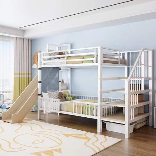 Dolamaní Letto a soppalco con scivolo e spazio di archiviazione, 90 x 200 cm, in metallo, letto a castello 2 bambini con porta di protezione e ripiani integrati, lettino per ragazzi e ragazze, senza