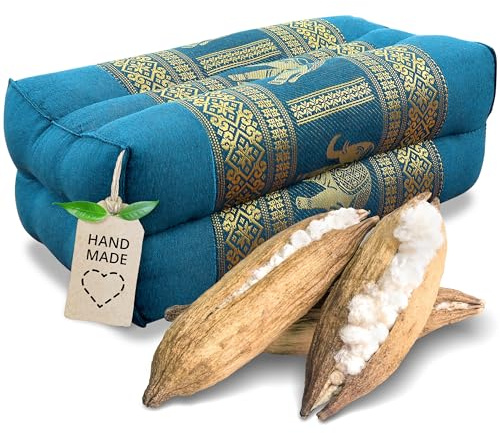 livasia Block Yogakissen eckig Thaiseide - 17x34x12cm - Meditationskissen Kapok, Stützkissen rechteckig, Yoga Pilates Zubehör Nackenkissen, Thaikissen fest handgefertigt (Hellblau/Elefanten Seide)