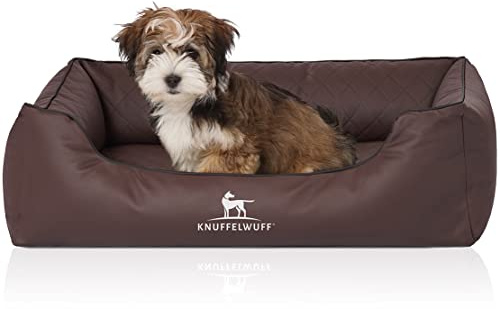 Knuffelwuff Orthopädisches Hundebett Madison aus laser-gestepptem Kunstleder M-L 85 x 63cm Braun - abnehmbarer Bezug - leicht zu reinigen - für große, mittelgroße und kleine Hunde