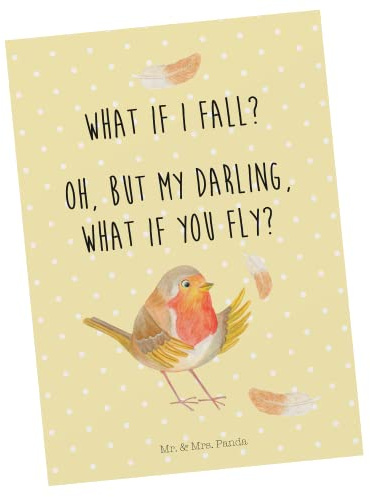 Mr. & Mrs. Panda Postkarte Rotkehlchen Federn - Geschenk, Motivation Sprüche, Spruch Mut, Ansichtskarte, fliegen, Ansichtskarten, Lustige, bildkarte, Vogel, Grußkarte, Postkarten