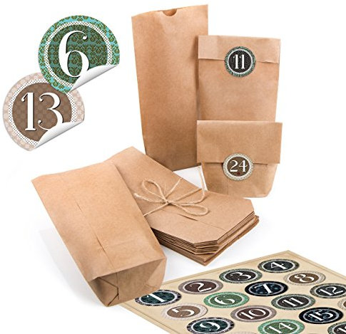 Logbuch-Verlag 24 Adventskalender Papiertüten zum Befüllen mit vintage Zahlenaufkleber Verpackung 10,7 x 22 x 4,2 cm