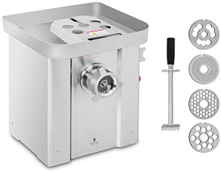 Royal Catering Fleischwolf elektrisch Edelstahl 1500 W 800 kg/h inkl. 5 Lochscheiben (Ø 3-16 mm) + Fleischstopfer Rücklauffunktion Fleischmaschine Hackfleisch-Maschine Elektro-Fleischwolf