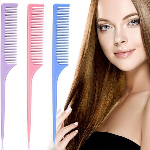 3 Pieces Plastic Rat Tail Comb Set - 9 Inch Pintail and Fiber Teasing Combs With Thin and Long Handle for Men, Women, Girls - Salon and Home Styling Supplies