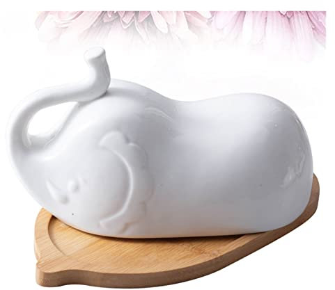 Beurriers Plat de beurre de forme éléphant avec couvercle en céramique Plaque en bois simple Vaisselle de ménage for Home Hotel Beurriers Conteneur de Beurre