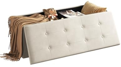 WOLTU Sitzbank mit Stauraum 110 cm, Truhe mit Stauraum 118 L faltbar, Sitztruhe Sitzbox Aufbewahrungsbox klappbar, Bettbank Schlafzimmer, belastbar bis 300 kg, aus Samt, Cremeweiß