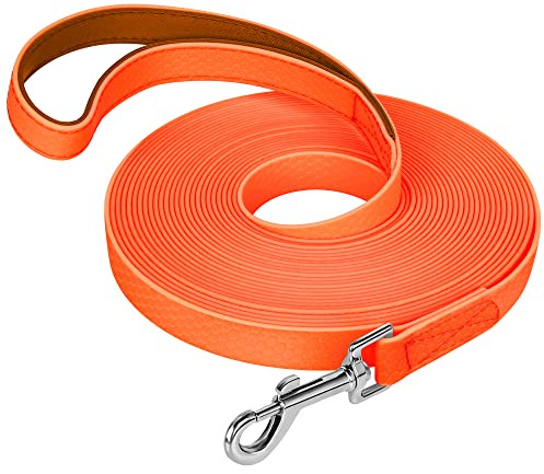 IOKHEIRA Trainingsleine für Hunde, wasserdichte Hundeleine mit Gepolstertem Griff 5m/10m/15m/20m, PVC-Hundeleine mit Starkem Rückruf für Hunde, Tracking & Camping (5M, Orange)